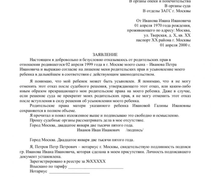 renunțarea la cererea de probă voluntară pentru drepturile părinților