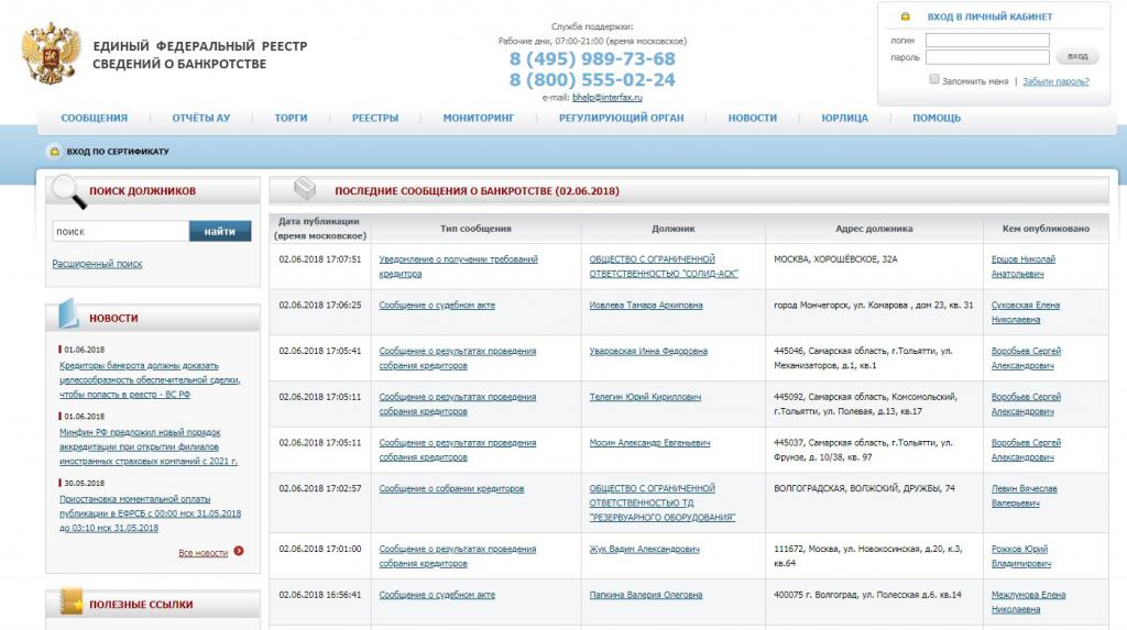 Captura de ecran a site-ului web al registrului falimentului